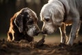 an older dog teaching a younger one how to dig Royalty Free Stock Photo
