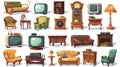 Older living room furniture and stuff sofa, wooden nightstand, armchair and antique television books, alarm clock, wood