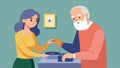 An older man carefully guiding a younger womans hands as they place the needle onto the record players arm. Vector