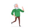 Older man fun dancing. Elderly male dancer. Old grandpa waving hands and legs. Retired granddad moving to music