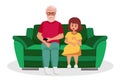 The older man is a grandfather with a granddaughter sitting on the couch. Elderly people are cartoon characters. Old age Royalty Free Stock Photo