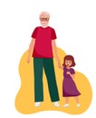 The older man grandfather walks with his granddaughter. Elderly people are cartoon characters. Old age. Vector
