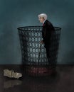 An older man with grey hair and a cane is seen inside a wastebasket in this illustration about the regard for older workers and