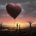 An older man or having a young girl around an empty clearing dry trees in the sky a heart. Valentine\'s Day as a day symb Royalty Free Stock Photo