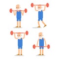 Older man perform exercises to barbell lifting. Grandpa in various poses with lifting of weight. Set physical exercises, training