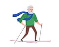 Older man skiing. Elderly male on skis winter activity. Old grandpa healthy lifestyle. Retired granddad sport moving