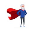 Older man in superhero costume wearing red cape. Super hero elderly male. Strong healthy old grandpa. Cool retired