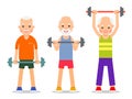 Older men perform exercises to barbell lifting. Adult people in