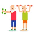 Older men perform exercises to weight lifting. Adult people in v