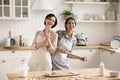 Older mom and grownup daughter singing, cooking in the kitchen Royalty Free Stock Photo