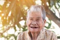 Older people for insurance concept : Portrait of Asian elder woman is smiling with her black tooth with happy at outdoor in sunny