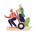 Older people lead active lifestyle. Old woman on segway and senior man on skateboard. Happy retired people. Leisure