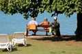 Older people sitting and relaxing on public bench next to sea under old tree with dense leaves surrounded with grass and plastic