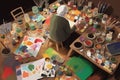 An older person surrounded by art supplies working on a painting of their ideal new life.. AI generation
