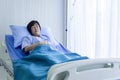 Older sick woman patient lay on bed in hospital with intravenous