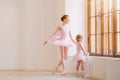 The older sister, a ballerina in a pink tutu and pointe shoes, shows the baby how to practice