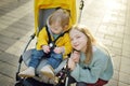 Older sister and her toddler brother sitting in a stroller outdoors. Infant kid in pushchair. Spring walks with kids