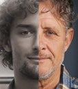 Older and wiser. Cropped split portrait of a young man and an older man. Royalty Free Stock Photo