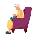 The older woman grandmother knits sitting in a chair. Elderly people are cartoon characters. Old age. Vector