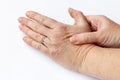An older woman has pain in her hands Royalty Free Stock Photo