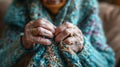 An older woman is knitting a large piece of yarn, AI Royalty Free Stock Photo