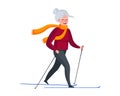 Older woman skiing. Elderly female winter activity. Old lady healthy lifestyle. Retired granny moving. Cheerful senior