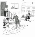 Older woman skips playing hopscotch with kids
