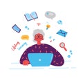 Older woman studying with a laptop.Vector