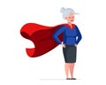 Older woman in superhero costume wearing hero cape. Super heroine elderly female. Strong healthy old lady. Cool retired Royalty Free Stock Photo