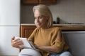 Older woman using digital tablet seated on couch at home Royalty Free Stock Photo