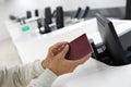 Older woman wait passport check in the airport Royalty Free Stock Photo