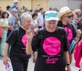 2018: Older woman wearing Tshirt `Sappho goes 60` attending the Gay Pride parade also known as Christopher Street Day CSD in Munic