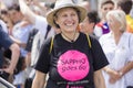 2018: Older woman wearing Tshirt `Sappho goes 60` attending the Gay Pride parade also known as Christopher Street Day CSD in Munic
