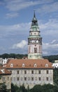 The oldest section of the town Castle, with the round painted tower, Cesky Krumlov, Czech Republic. Cesky Krumlov is one of the