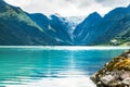 Oldevatnet lake in and view of Briksdal glacier in Norway Royalty Free Stock Photo