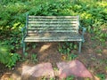 Old park bench covered with lichen