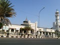 The white old mosque with date palm tree Royalty Free Stock Photo