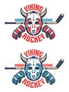 Oldschool hockey emblem - retro goalie mask with horns, stick, gloves and an inscription Viking Hockey Royalty Free Stock Photo