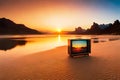 An Oldschool 80S Style Tv Displaying A Picturesque Desert Landscape At Sunset, With Warm, Cozy Orange Hues. Generative AI