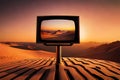 An Oldschool 80S Style Tv Displaying A Picturesque Desert Landscape At Sunset, With Warm, Cozy Orange Hues. Generative AI