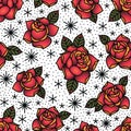 Oldschool Traditional Tattoo Vector Red Roses Seamless Pattern Royalty Free Stock Photo