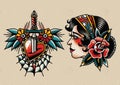 Old Skool Tattoo flash set vector illustration poster template Royalty Free Stock Photo