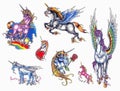 Unicorn newskool tattoo set. Set of labels and elements. Vector set illustration template tattoo. Royalty Free Stock Photo