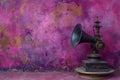 an oldworld phonograph is on a pedestal at a purple wall Royalty Free Stock Photo