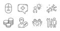 Ole chant, Tips and Medical chat icons set. Repairman, Safe water and Swipe up signs. Vector