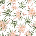 Oleander flowers watercolor seamless pattern in pastel pink peach colors on white for women and girl apparel designs