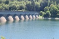Hellental, Germany - 07 30 2020: Oleftalsperre dam wall, koni shaped