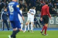 Oleh Gusev and Lukasz Teodorczyk celebrating scored goal, UEFA Europa League Round of 16 second leg match between Dynamo and Evert Royalty Free Stock Photo