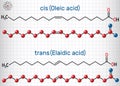 Oleic acid cis and elaidic acid trans , omega-9 fatty acids are geometric isomers. Structural chemical formula and molecule model