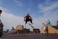 Olenevka, Russia - July 22, 2021: skateboarder jumping in a bowl of a skate park Royalty Free Stock Photo